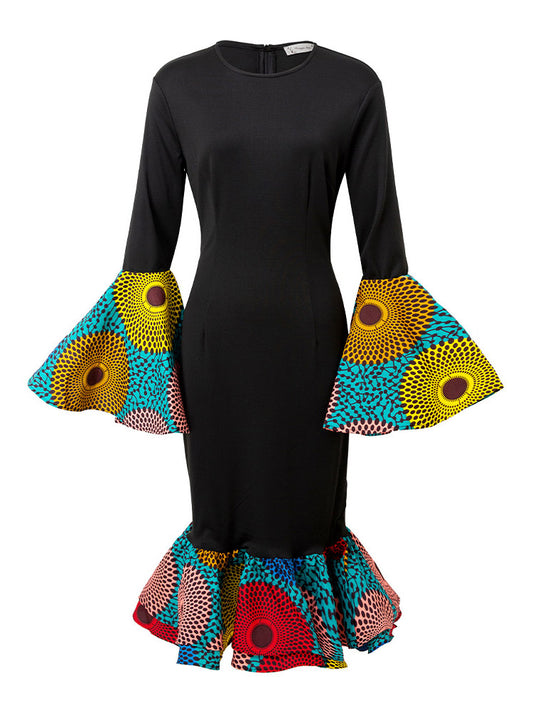 African Print Bell Sleeves Dress (Blue Circle)