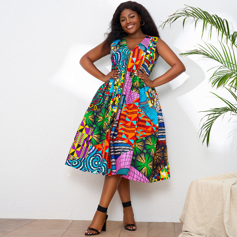 African Random Print Sleeveless With Zipper Dresses