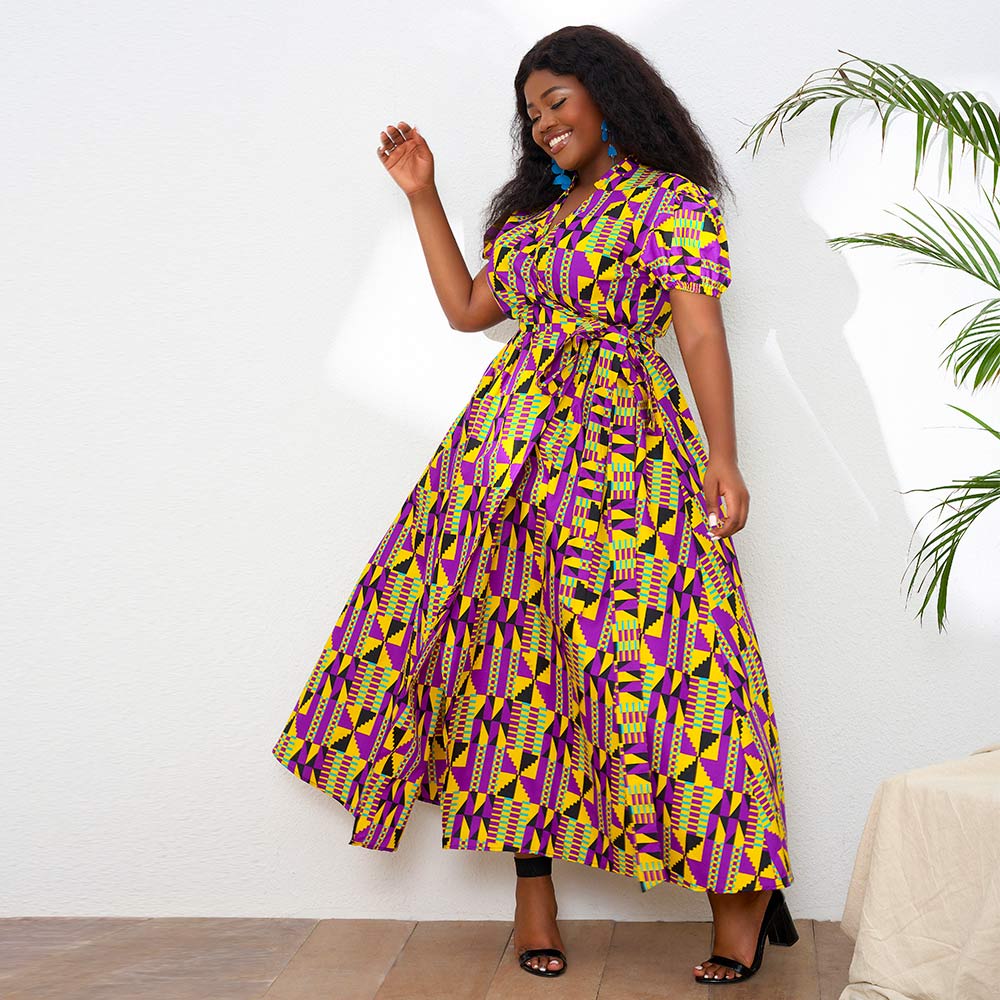 African Print Short sleeve wrap long dress