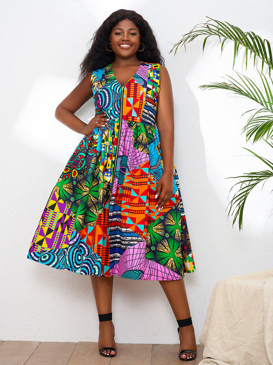 African Random Print Sleeveless With Zipper Dresses