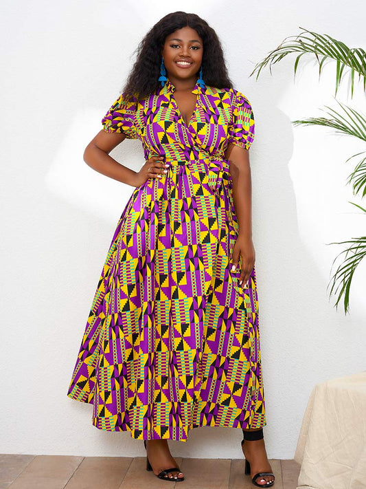 African Print Short sleeve wrap long dress