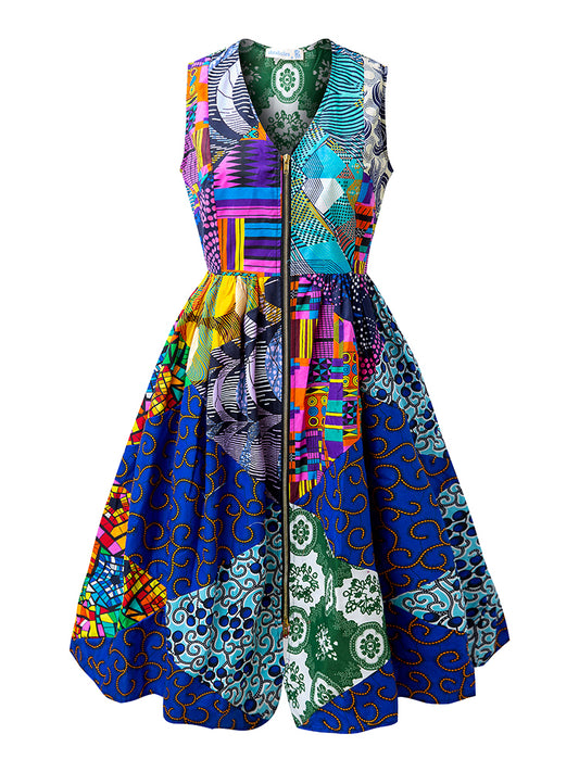 African Print Sleeveless With Zipper Mix Dresses