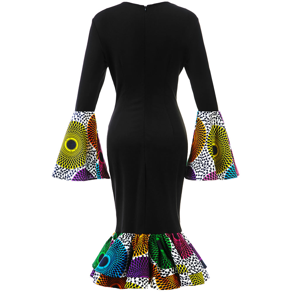 African Print Bell Sleeves Dress (White Circle) - SHENBOLEN